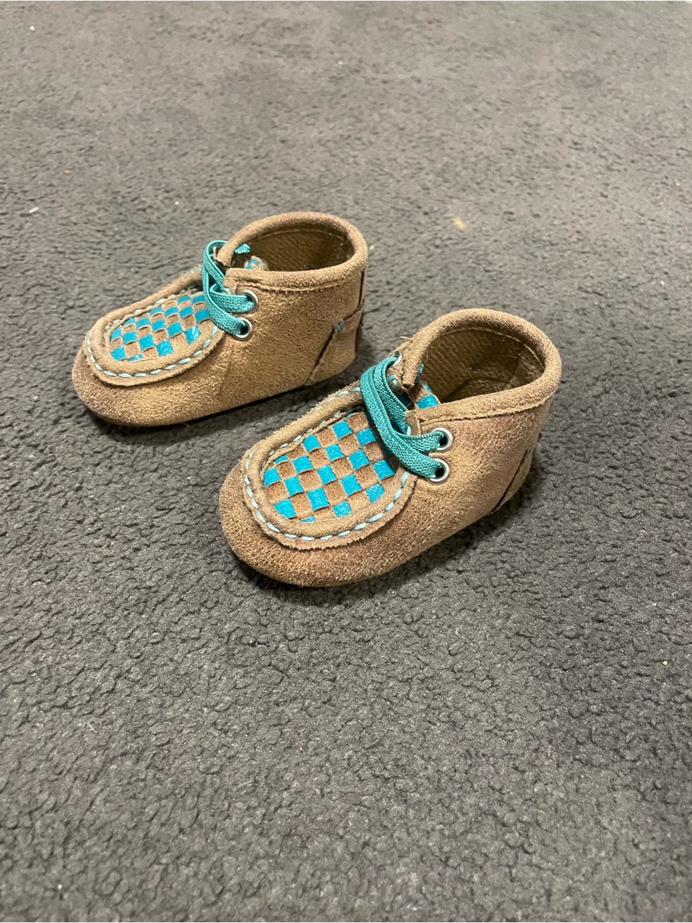 Twister Brown Suede Baby Moccasins with Teal Accents